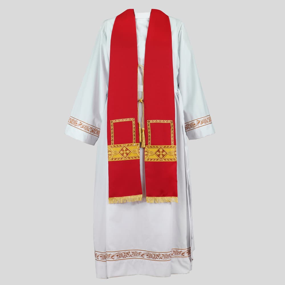Camice bianco con stola rossa damascata bizantino dorato
